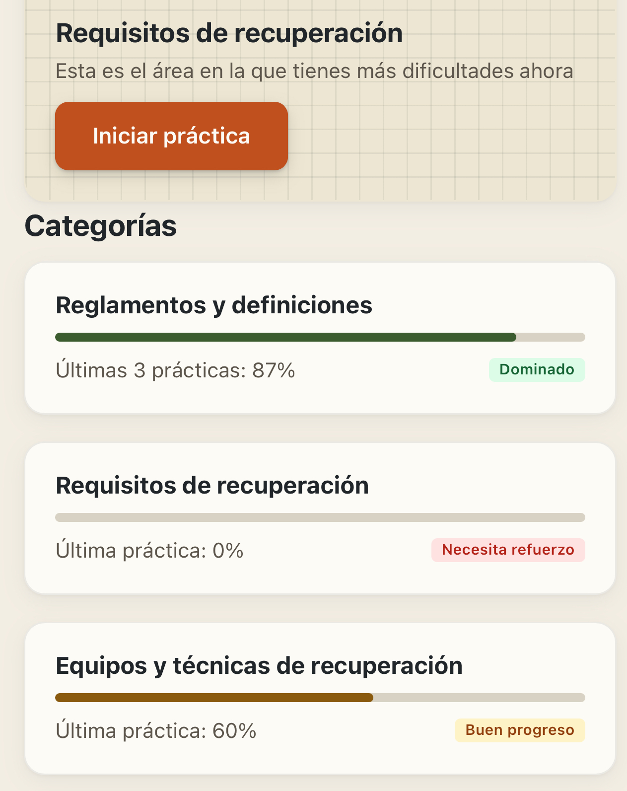 Progreso por categoría con una práctica en estado Necesita refuerzo y otra en Buen progreso