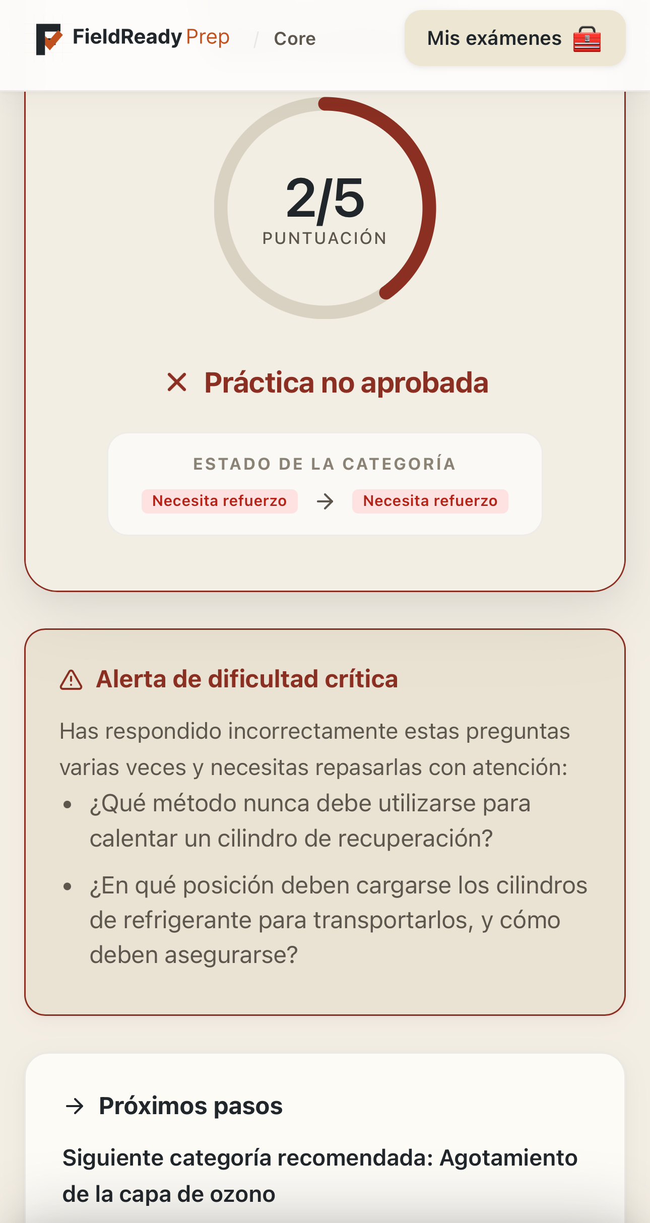 Alerta de dificultad crítica que señala una pregunta respondida incorrectamente varias veces