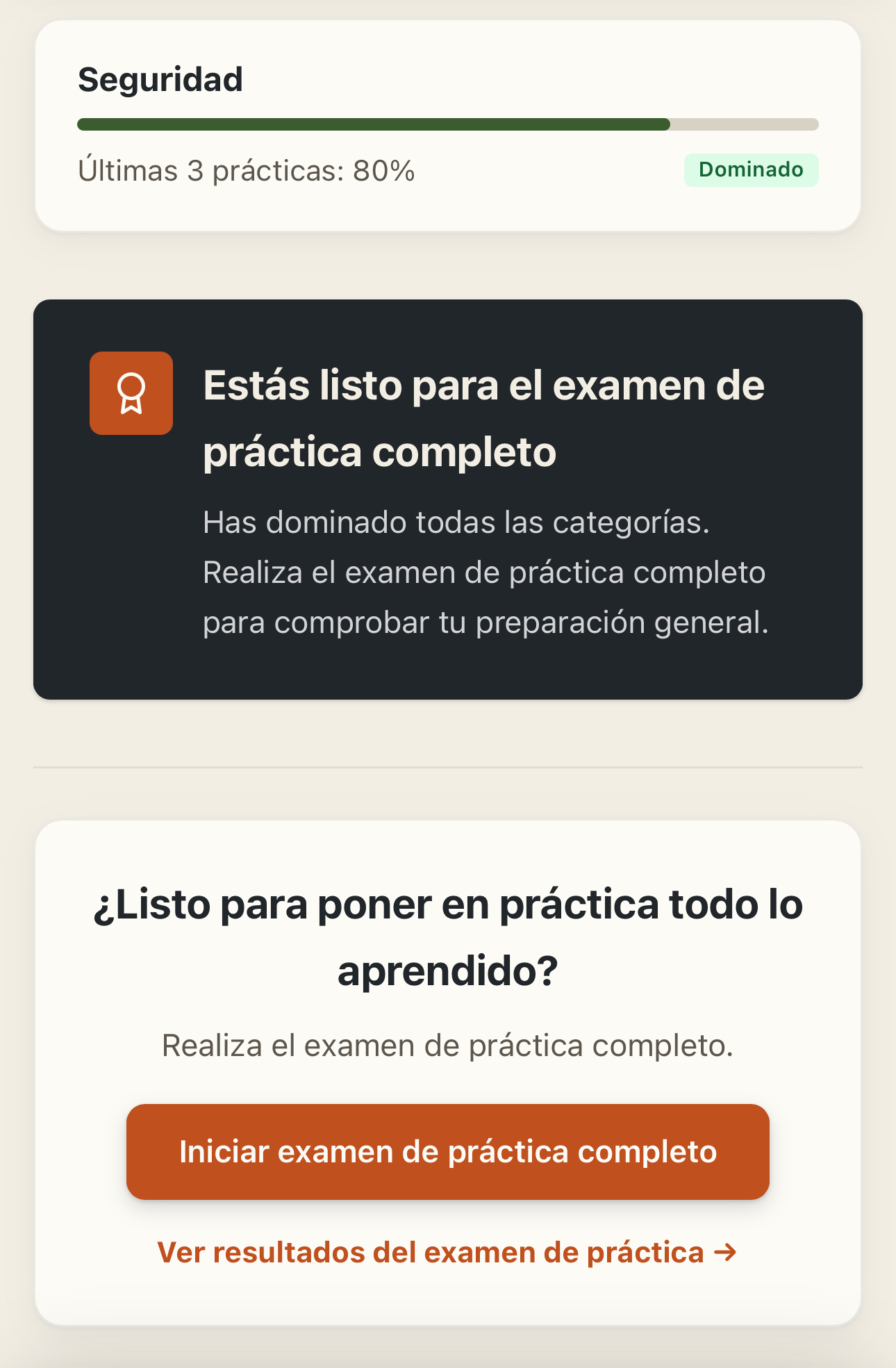 Panel de estudio listo para el examen con categorías dominadas y la opción Iniciar examen de práctica completo