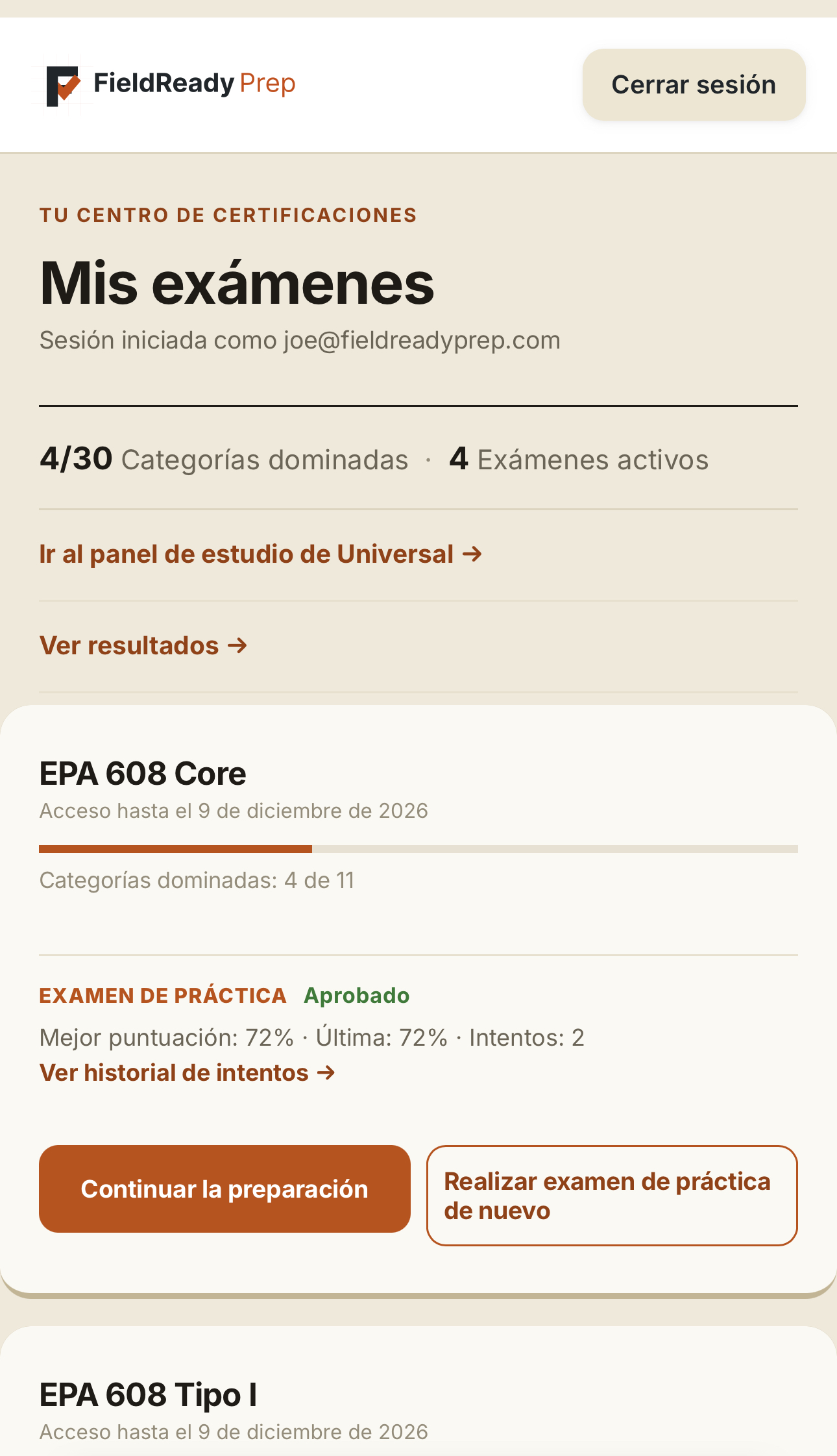 Centro de certificaciones Mis exámenes con el progreso en los exámenes EPA 608