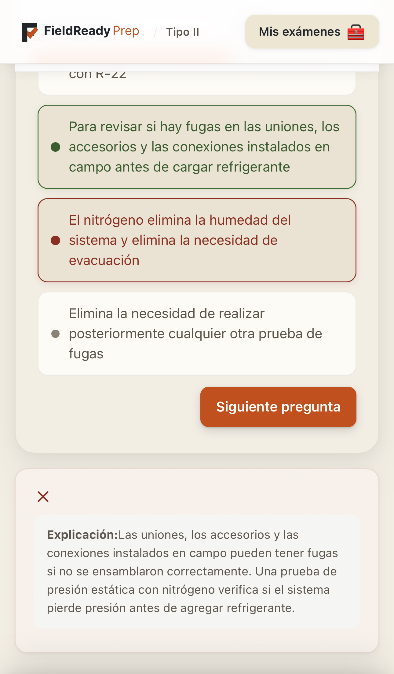 Explicación después de una respuesta incorrecta sobre EPA 608