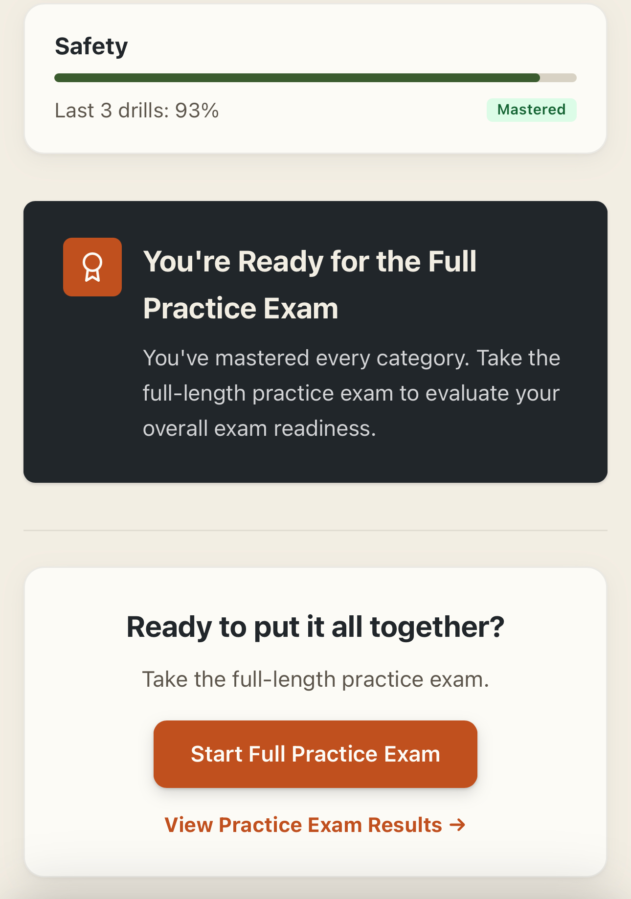 Exam-ready dashboard showing mastered categories and Start Full Practice Exam