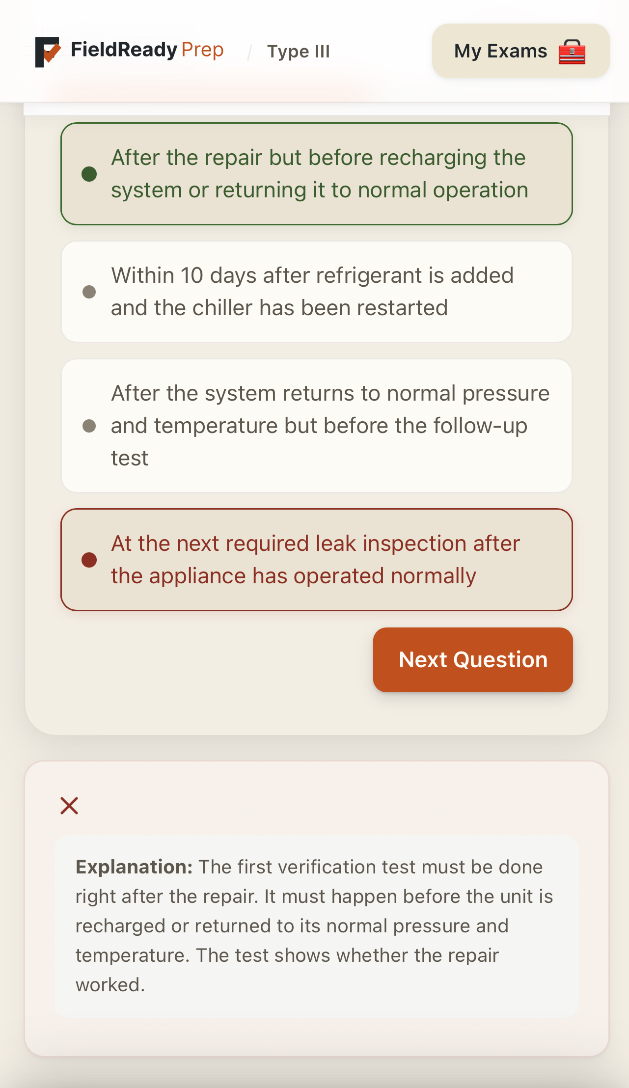 Explanation shown after an incorrect EPA 608 answer